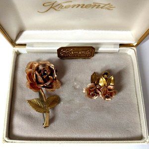 KREMENTZ Brooch & Earring Set Pink Roses w/ Gold tones 14kt gold overlay, w/ box